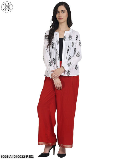 Red Printed Cotton Ankle Length Kurta Gotta Lace