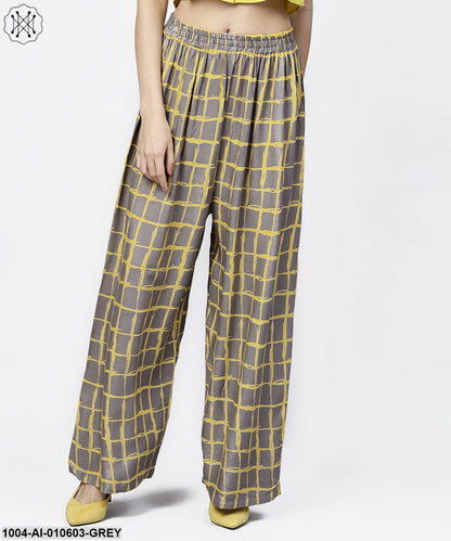 Grey & Yellow Checked Cotton Ankle Length Pallazo
