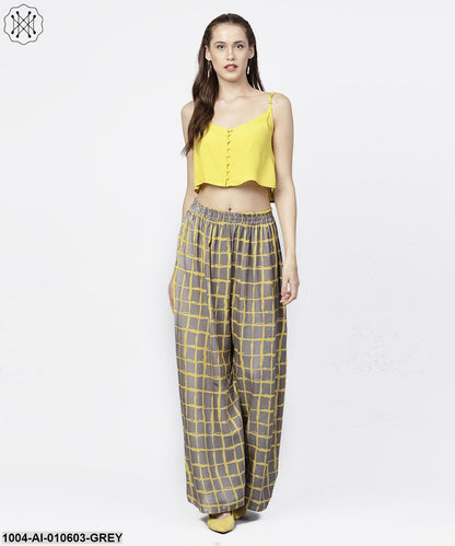 Grey & Yellow Checked Cotton Ankle Length Pallazo