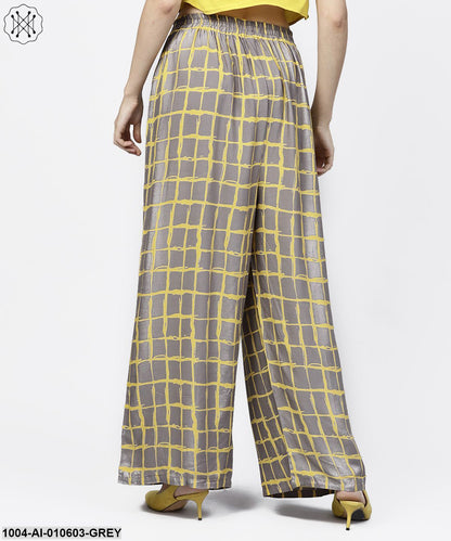 Grey & Yellow Checked Cotton Ankle Length Pallazo