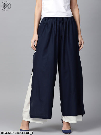 Blue And White Ankle Length Cotton Double Layer Palazzos