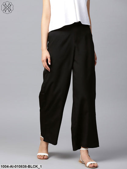 Black Solid Ankle Length Crepe Palazzo With Side Pocket