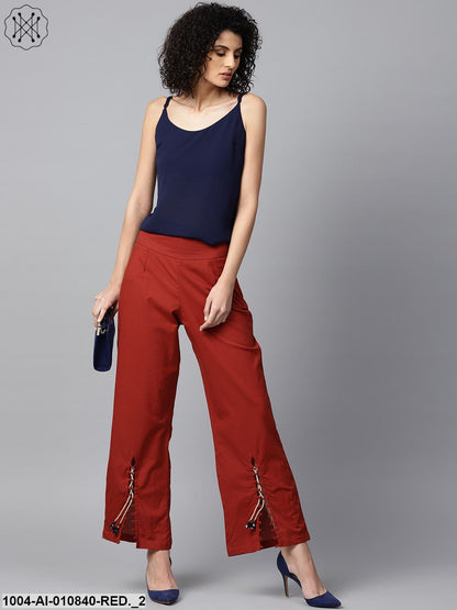Women Rust Red Solid Wide Leg Palazzos