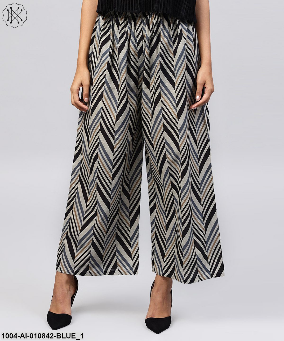 Blue Printed Cotton Ankle Length Straight Palazzo