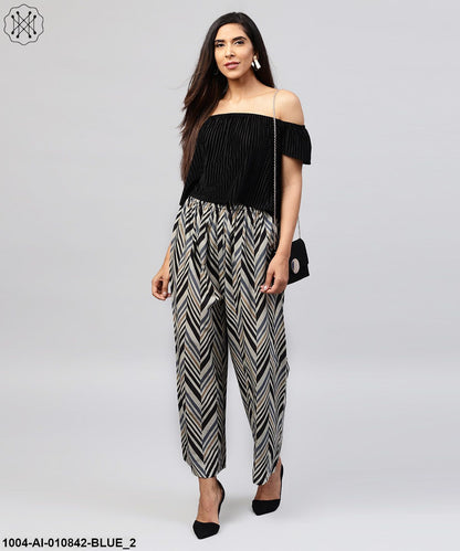 Blue Printed Cotton Ankle Length Straight Palazzo