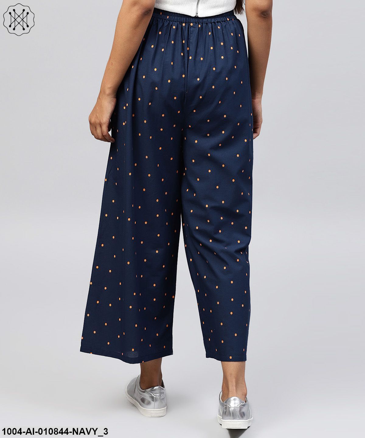 Navy Blue Printed Cotton Ankle Length Pallazo