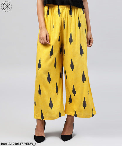 Yellow Printed Ankle Length Cotton Straight Pallazo
