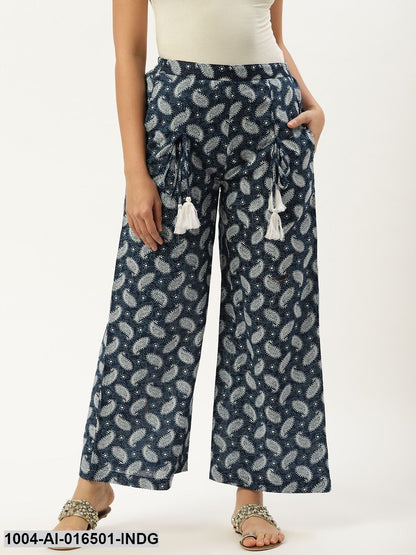 Indigo Blue Ethnic Motifs Printed Cotton Wide Leg Palazzo
