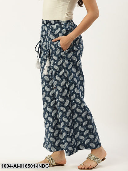 Indigo Blue Ethnic Motifs Printed Cotton Wide Leg Palazzo