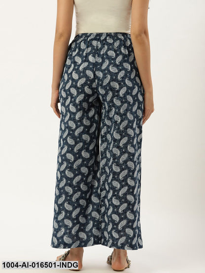 Indigo Blue Ethnic Motifs Printed Cotton Wide Leg Palazzo
