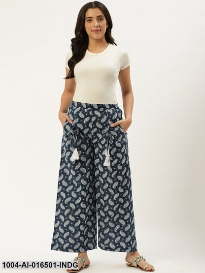 Indigo Blue Ethnic Motifs Printed Cotton Wide Leg Palazzo