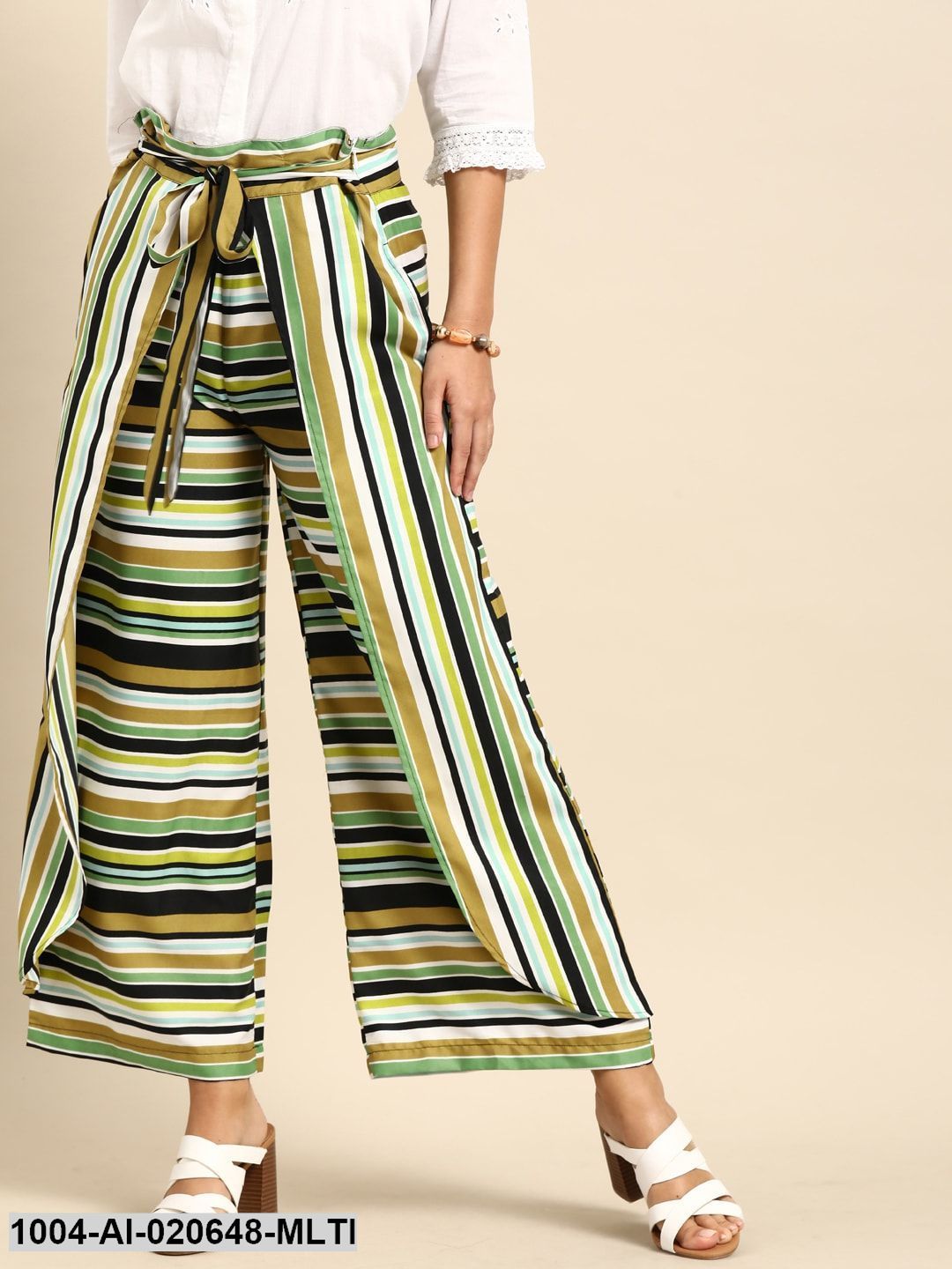 Multicoloured Striped Wide Leg Layered Palazzos With Tie-Up Detail