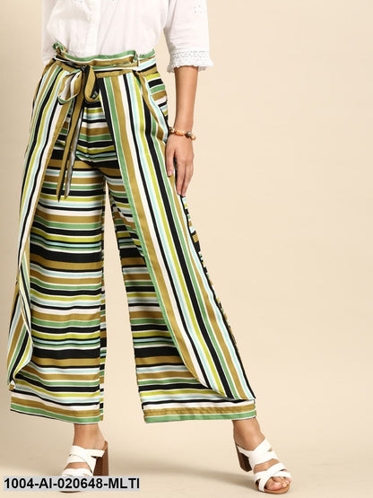 Multicoloured Striped Wide Leg Layered Palazzos With Tie-Up Detail