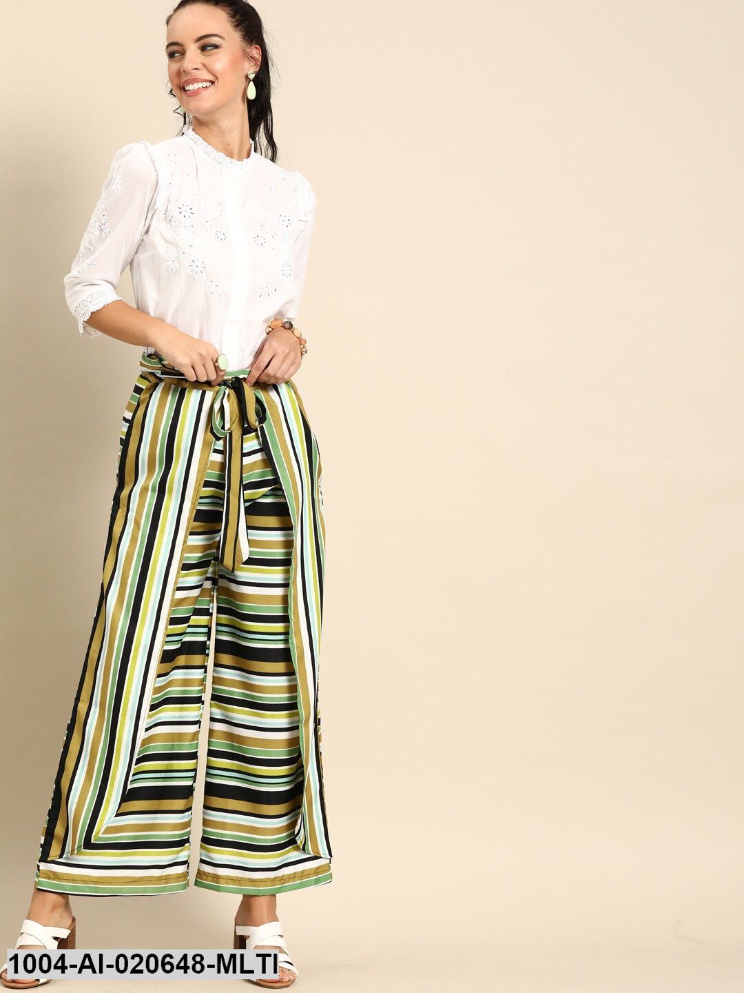 Multicoloured Striped Wide Leg Layered Palazzos With Tie-Up Detail