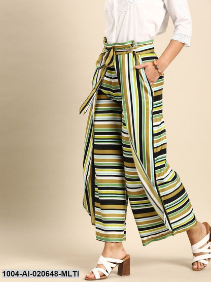 Multicoloured Striped Wide Leg Layered Palazzos With Tie-Up Detail