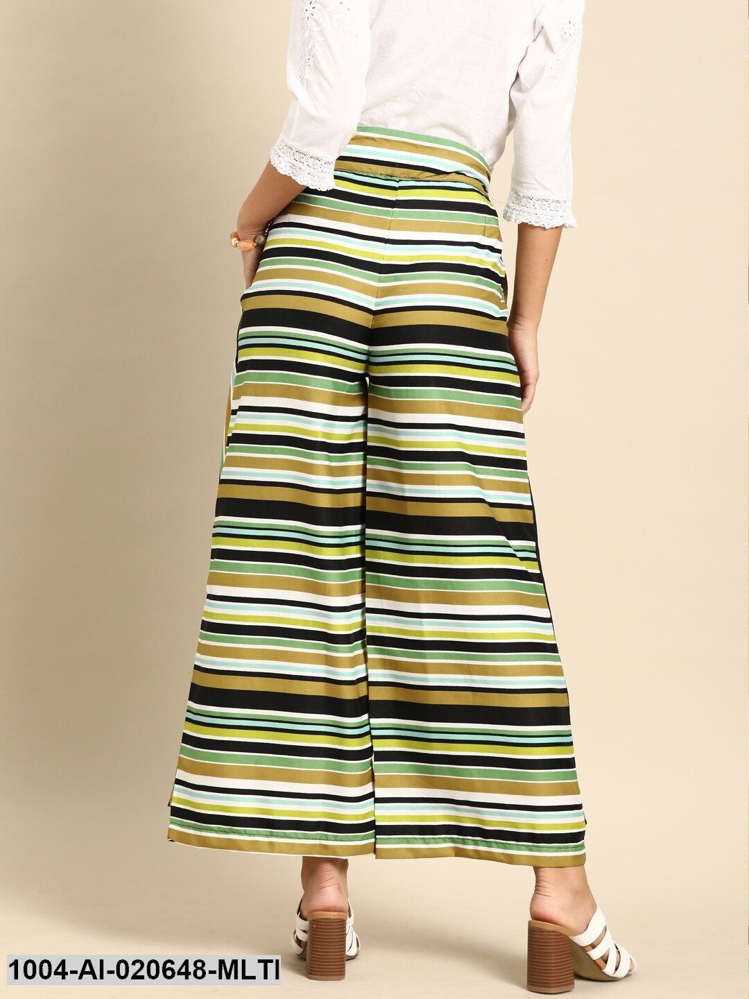 Multicoloured Striped Wide Leg Layered Palazzos With Tie-Up Detail