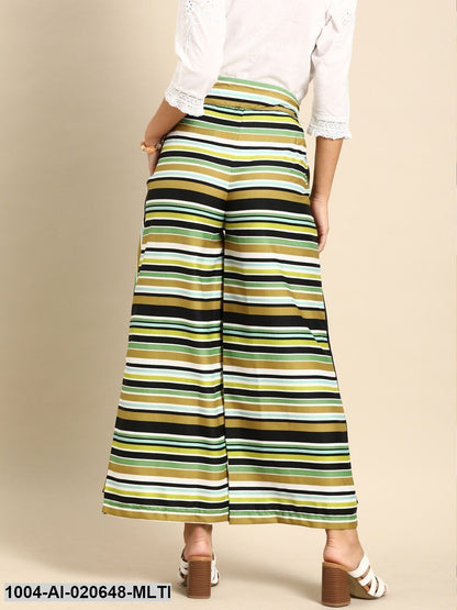 Multicoloured Striped Wide Leg Layered Palazzos With Tie-Up Detail