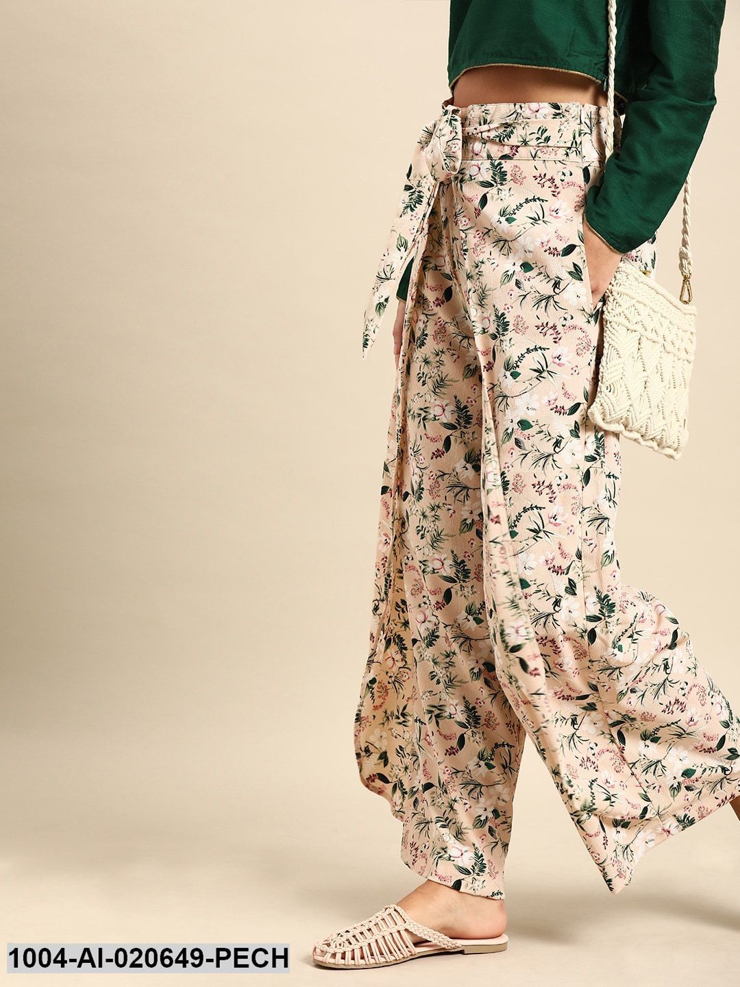 Peach-Coloured & Green Printed Wide Leg Palazzos