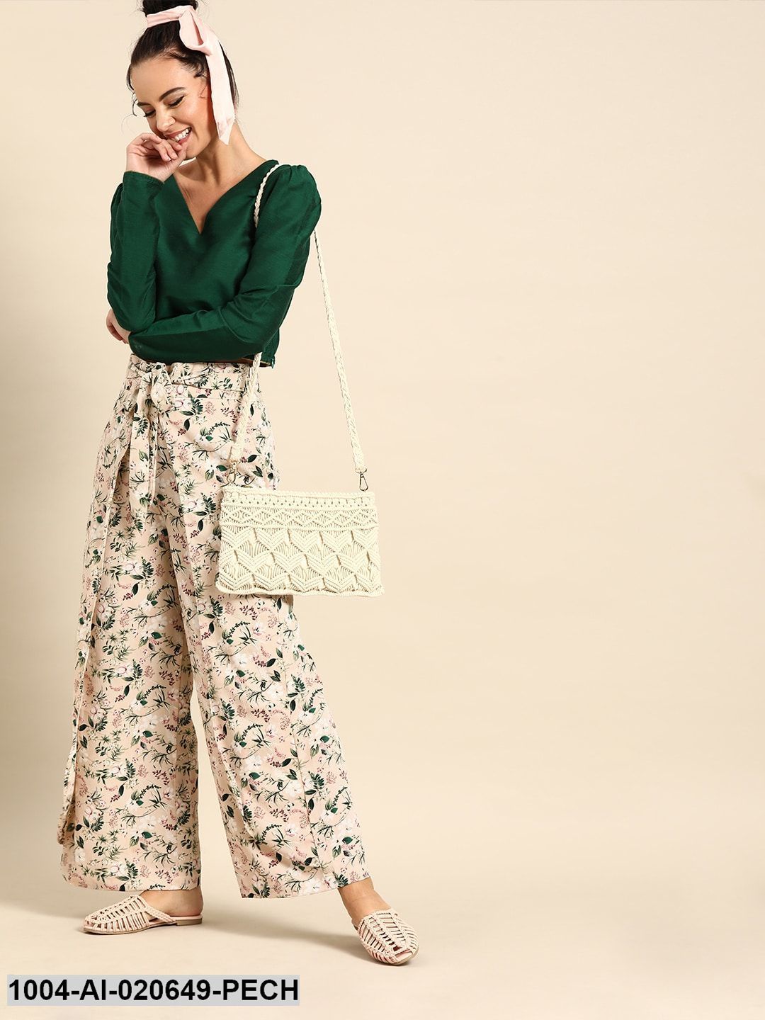 Peach-Coloured & Green Printed Wide Leg Palazzos