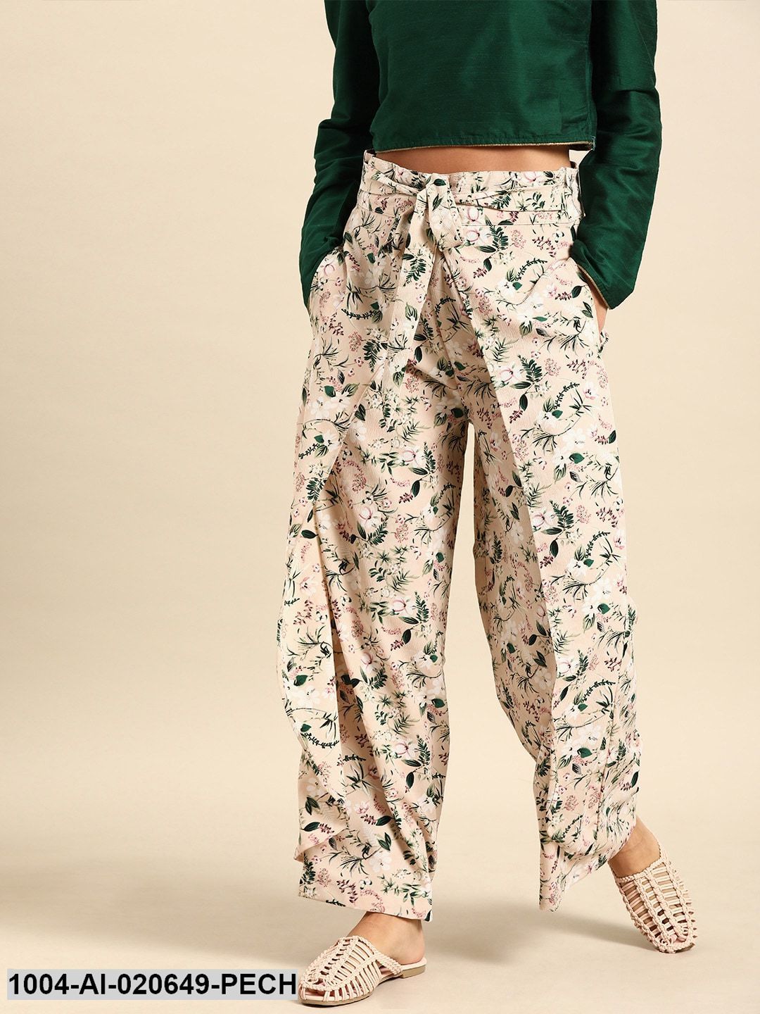 Peach-Coloured & Green Printed Wide Leg Palazzos