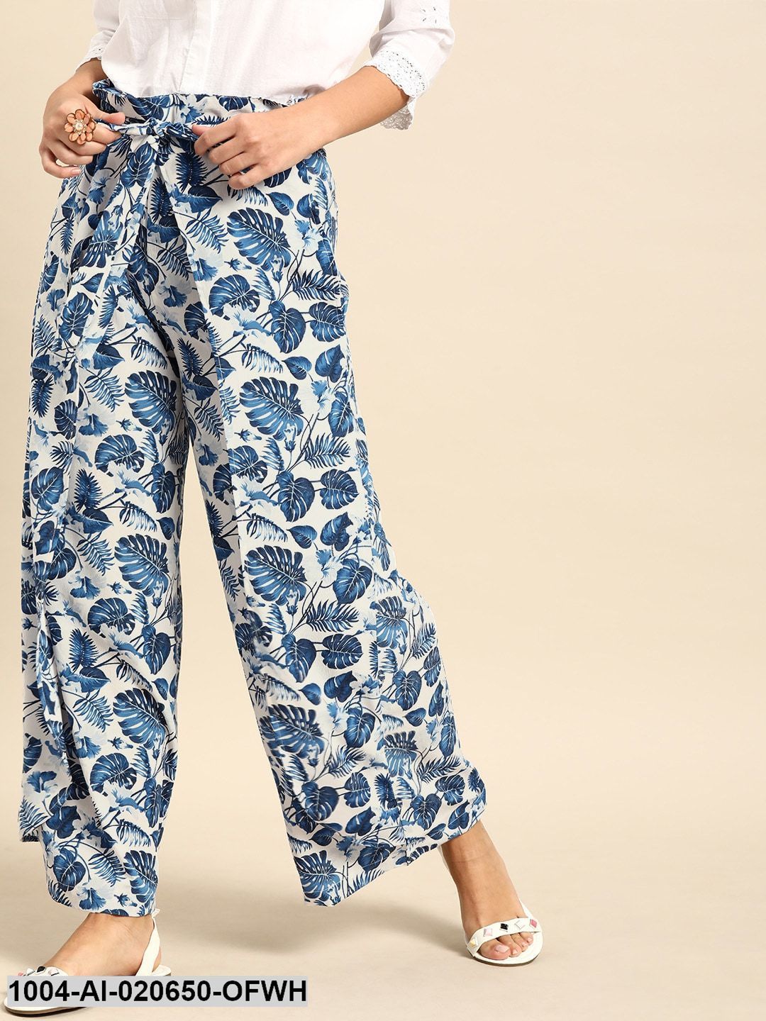 Off-White & Blue Printed Wide Leg Palazzos