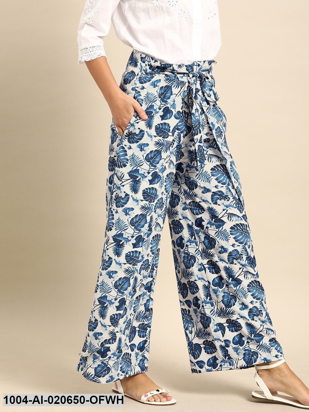 Off-White & Blue Printed Wide Leg Palazzos