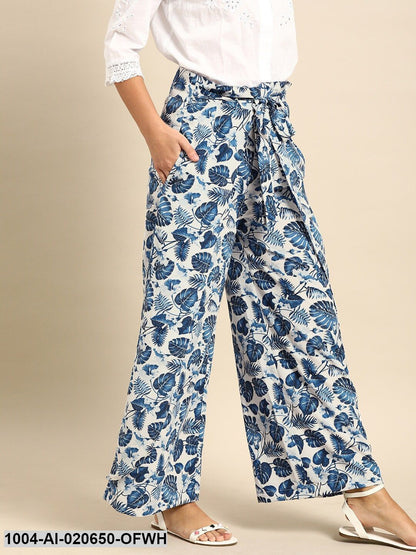 Off-White & Blue Printed Wide Leg Palazzos