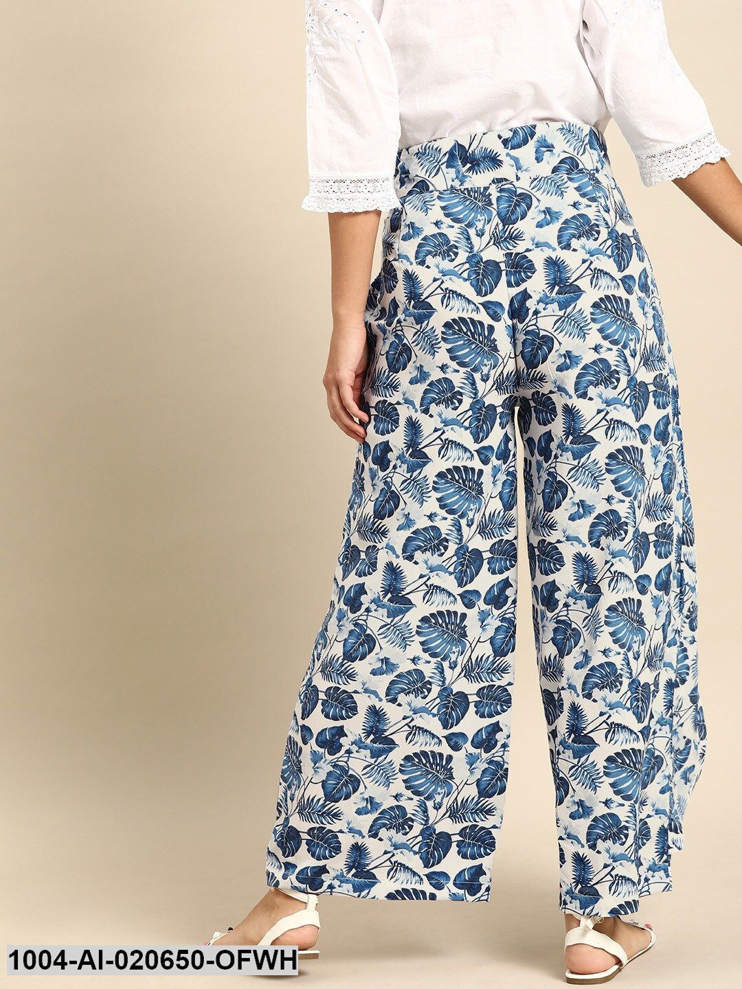 Off-White & Blue Printed Wide Leg Palazzos