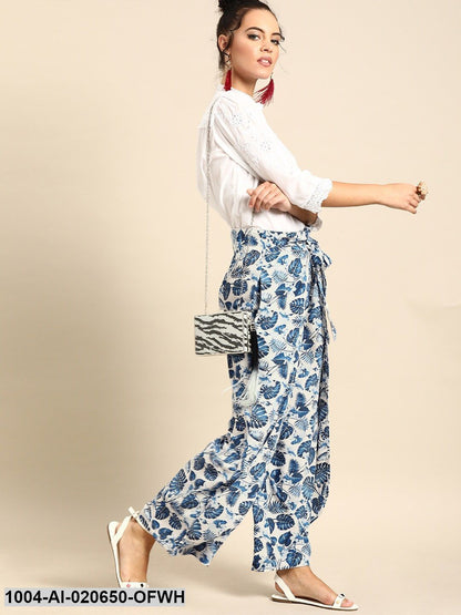 Off-White & Blue Printed Wide Leg Palazzos