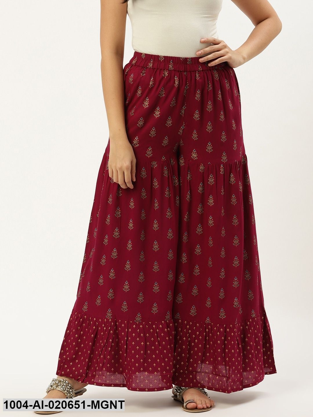 Magenta & Golden Printed Flared Palazzos