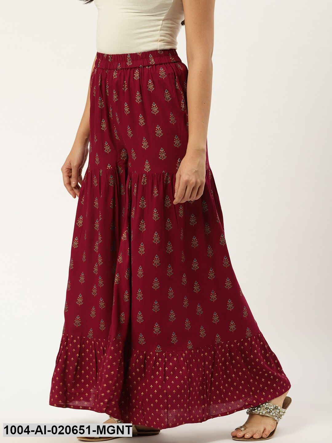 Magenta & Golden Printed Flared Palazzos