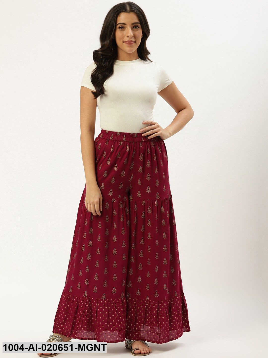 Magenta & Golden Printed Flared Palazzos