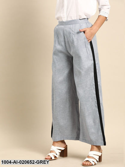 Grey Self Design Wide Leg Palazzos With Side Stripe Detail