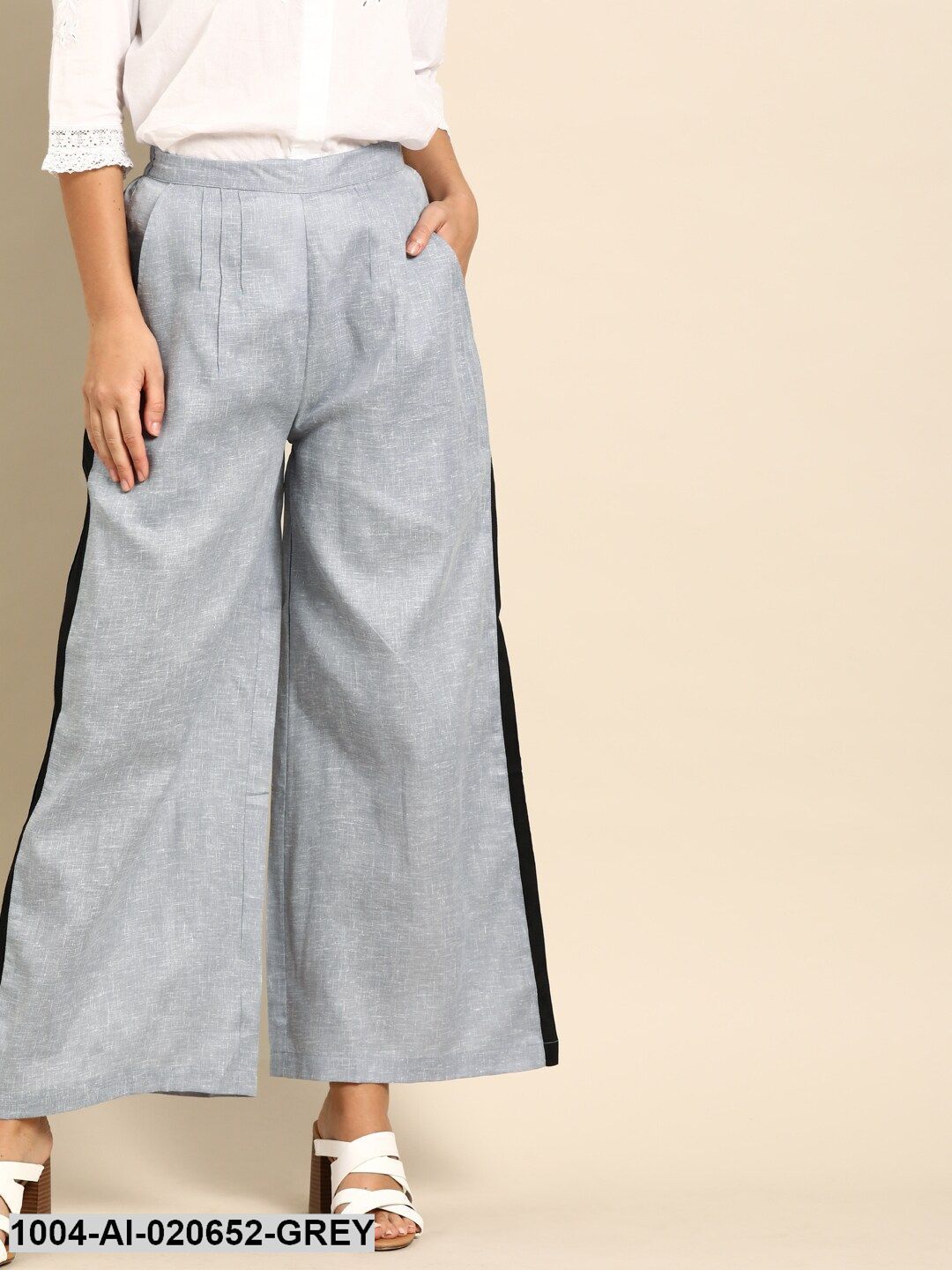 Grey Self Design Wide Leg Palazzos With Side Stripe Detail