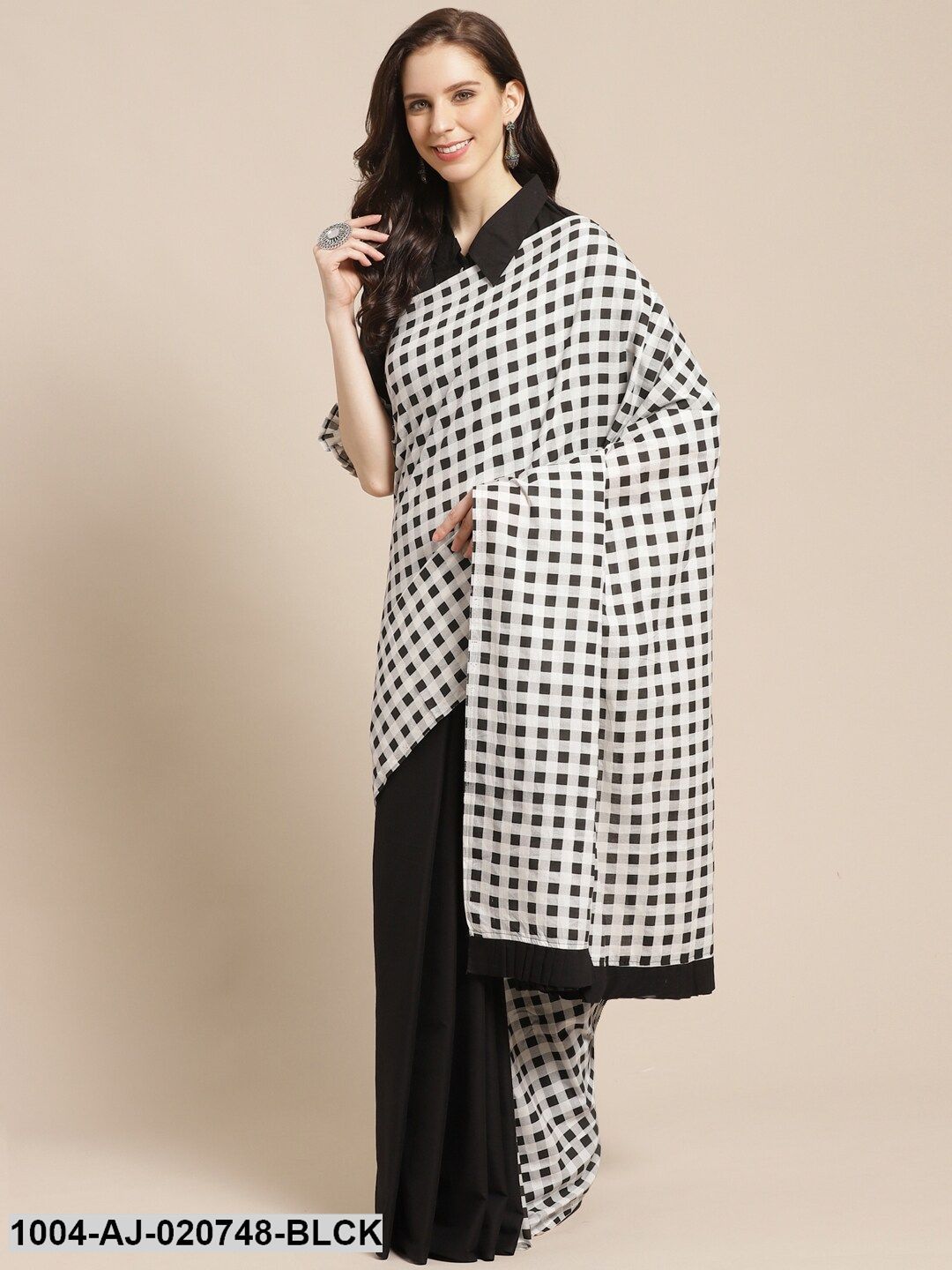Black & White Pure Cotton Checked Half & Half Saree