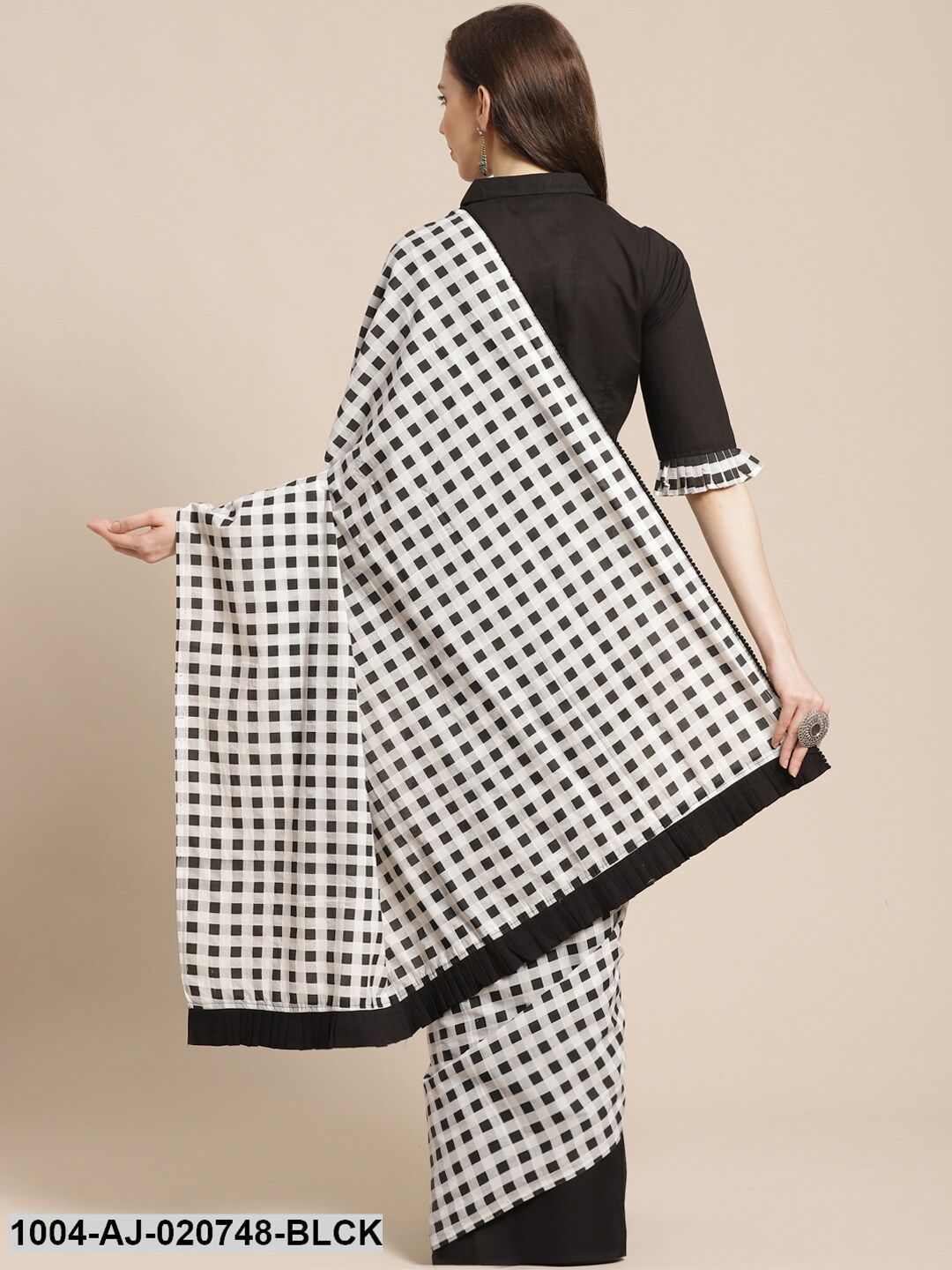 Black & White Pure Cotton Checked Half & Half Saree