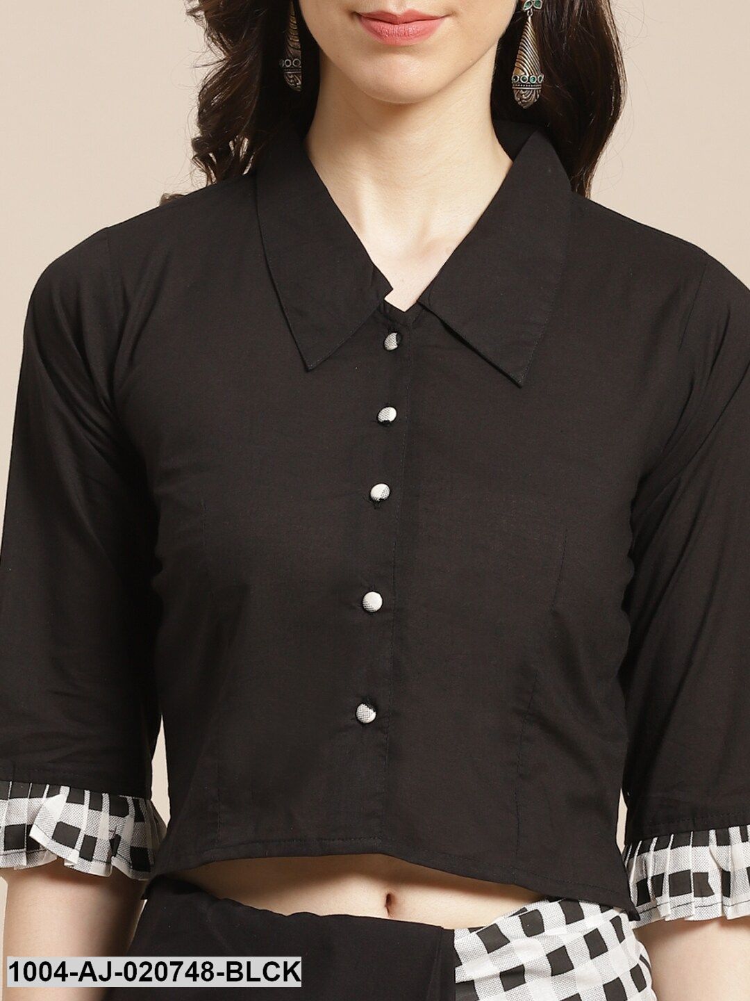 Black & White Pure Cotton Checked Half & Half Saree