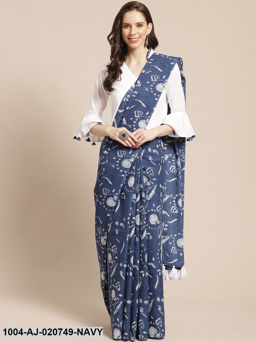 Navy Blue & White Pure Cotton Printed Saree