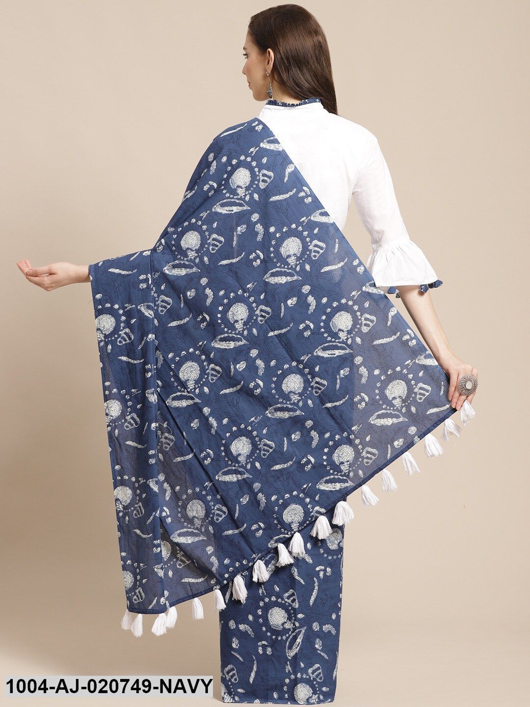 Navy Blue & White Pure Cotton Printed Saree