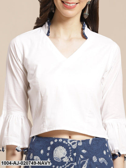 Navy Blue & White Pure Cotton Printed Saree