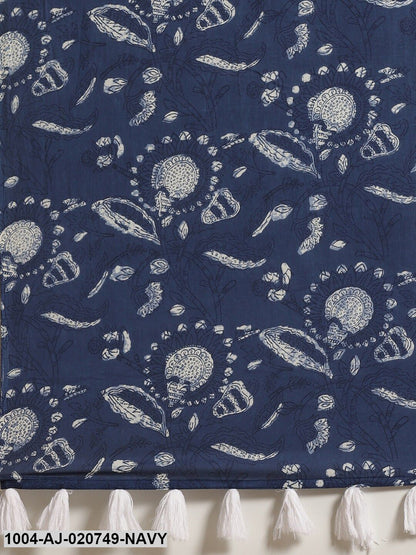 Navy Blue & White Pure Cotton Printed Saree