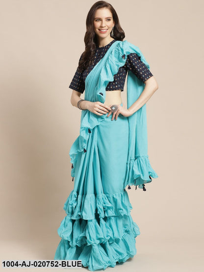 Blue Solid Ruffled Saree