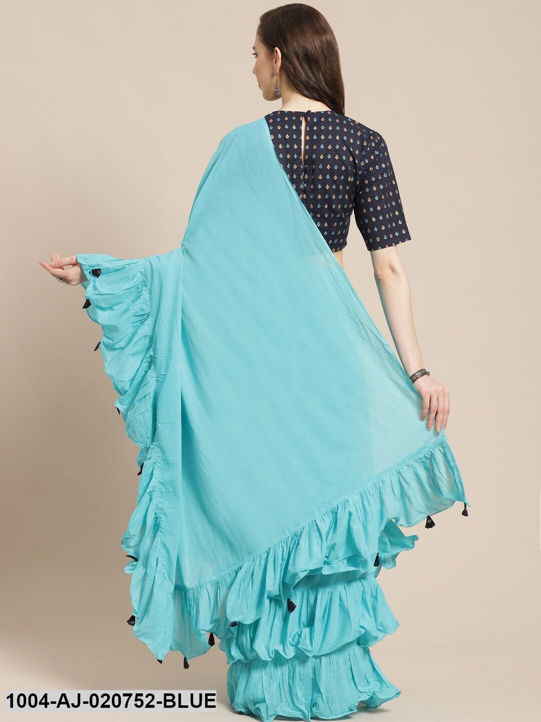 Blue Solid Ruffled Saree