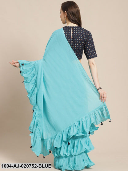 Blue Solid Ruffled Saree