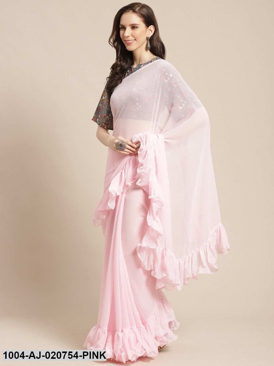 Pink Solid Pure Georgette Ruffle Saree