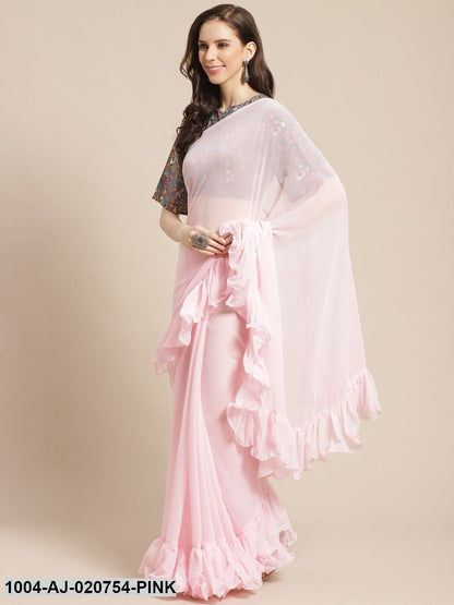 Pink Solid Pure Georgette Ruffle Saree