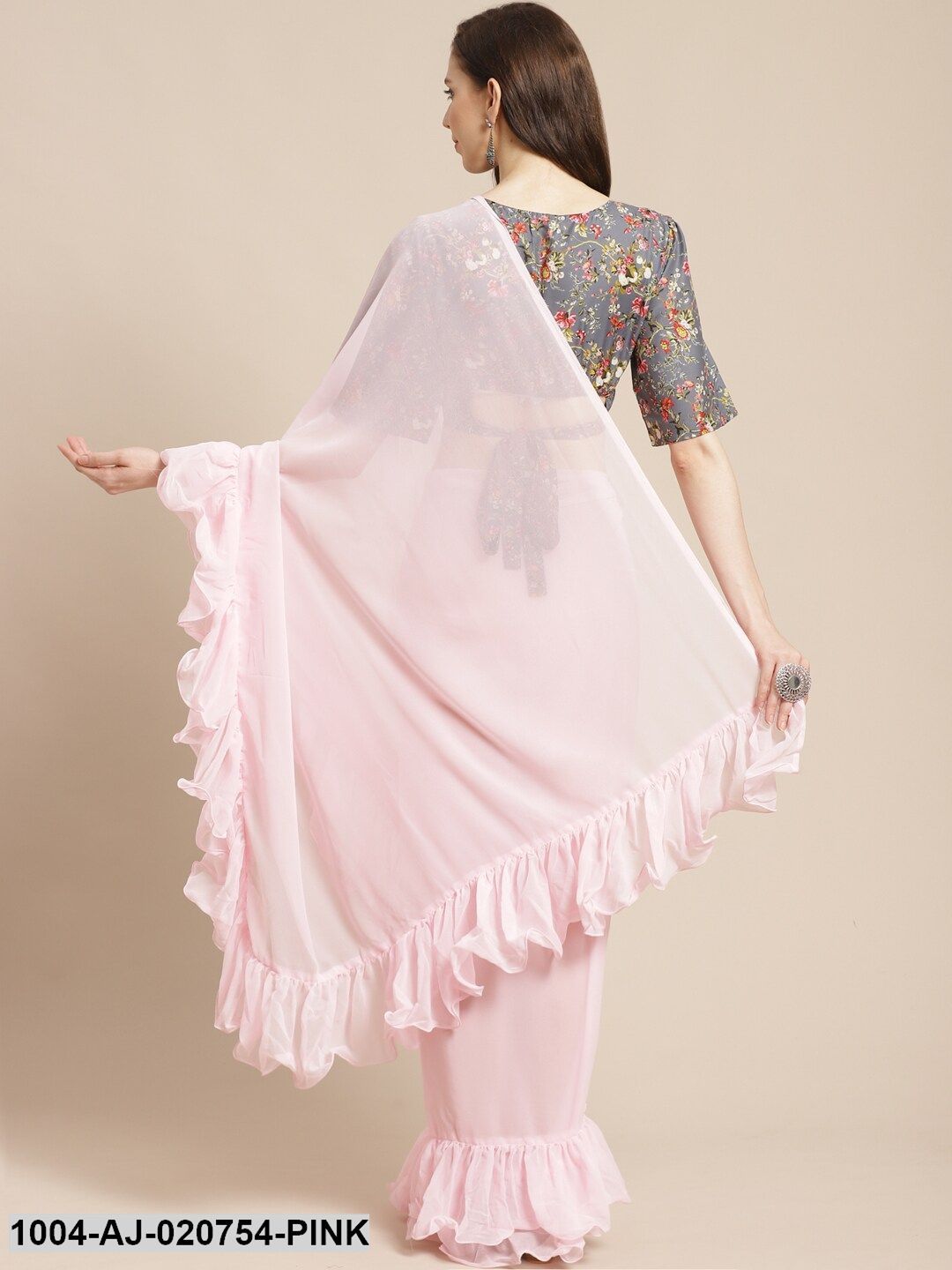 Pink Solid Pure Georgette Ruffle Saree