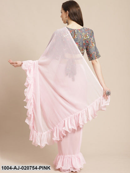 Pink Solid Pure Georgette Ruffle Saree