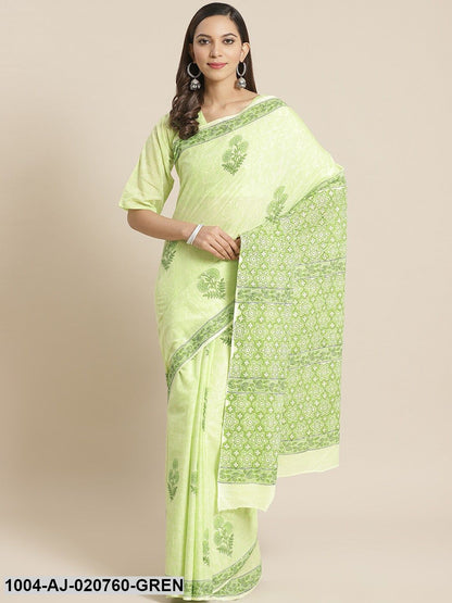 Green Printed Pure Cotton Saree