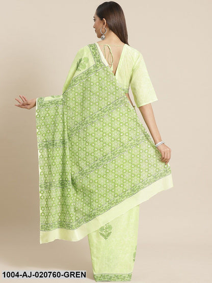 Green Printed Pure Cotton Saree
